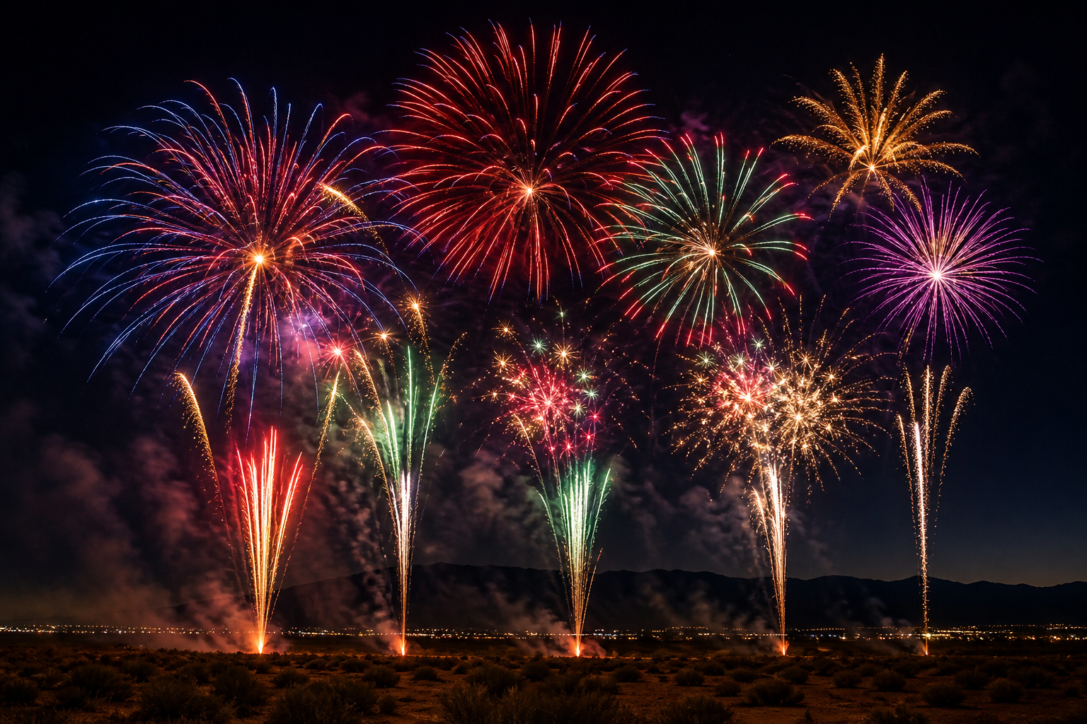 Multi-shot aerial cake fireworks creating repeated colorful sky bursts