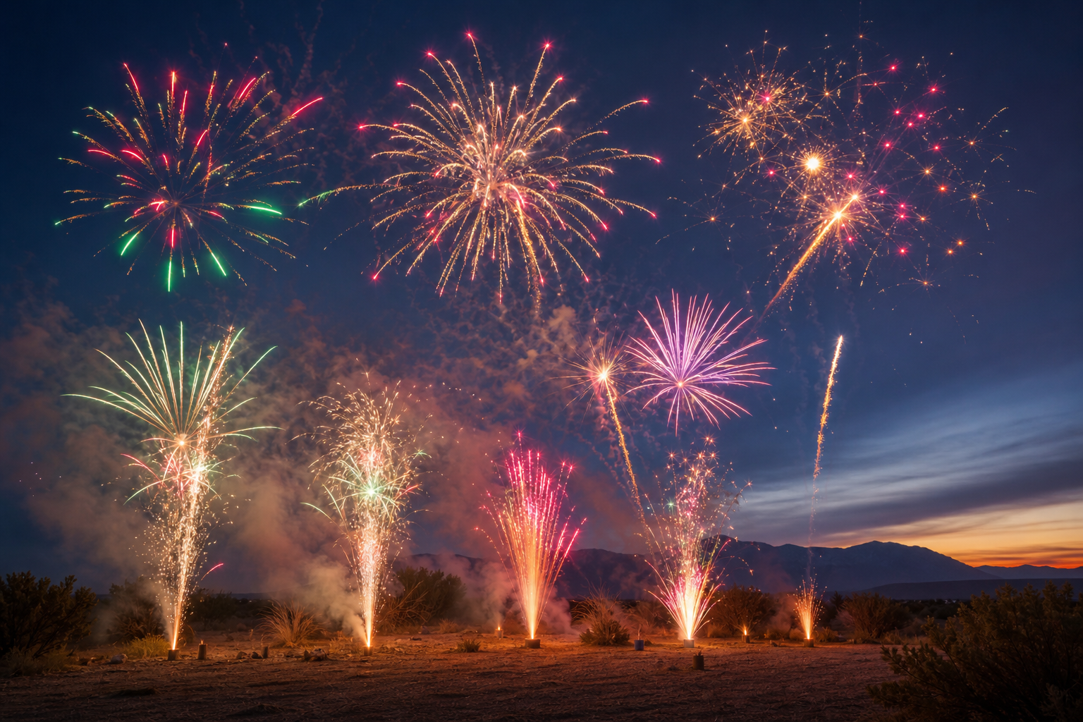 Mixed family-pack fireworks effects with fountains and small aerial bursts at dusk