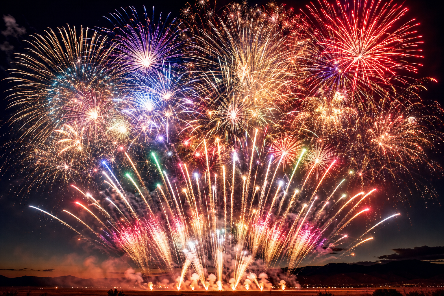 Dense finale fireworks filling the night sky with layered colorful bursts
