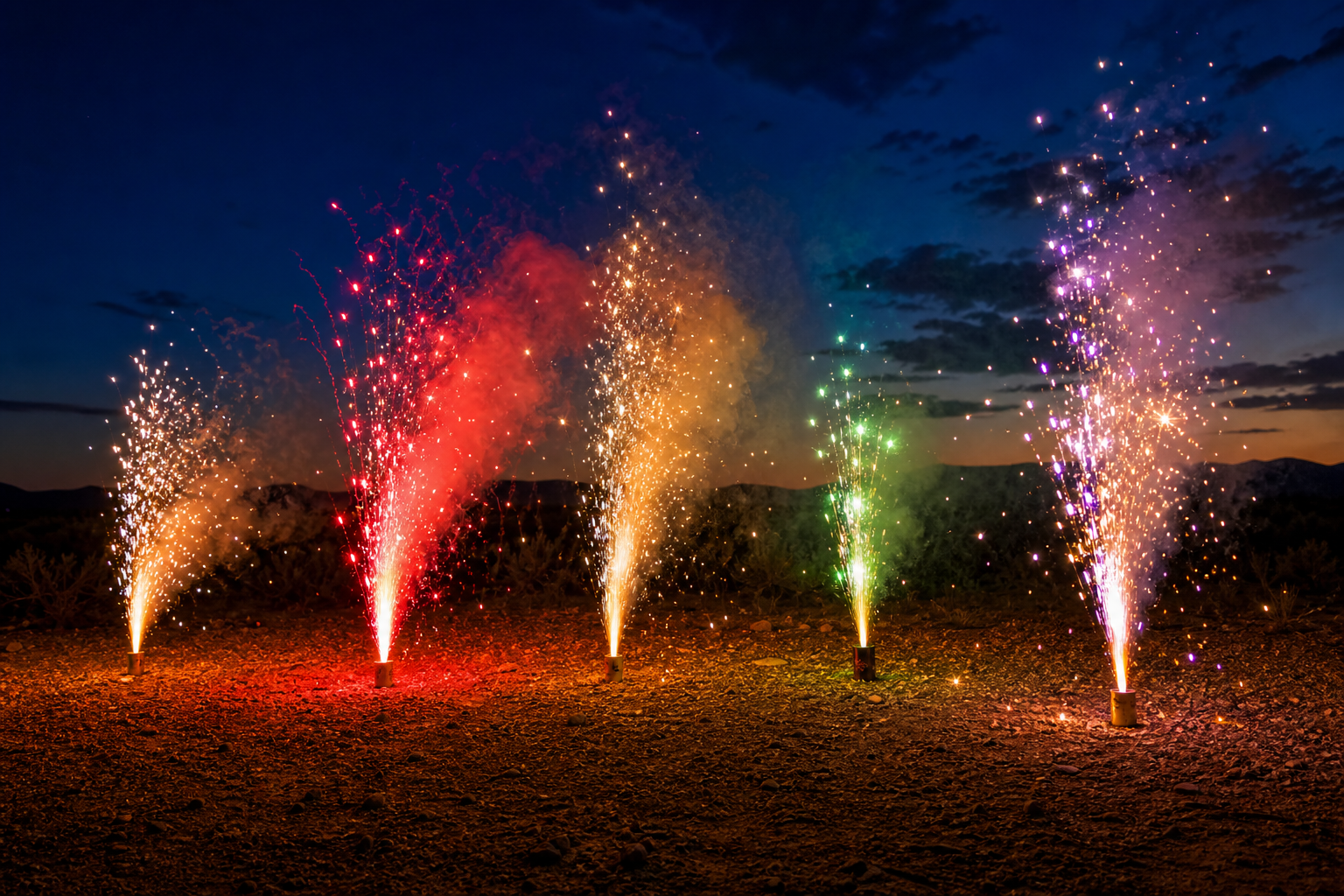Colorful ground fountains producing vertical spark and crackle effects