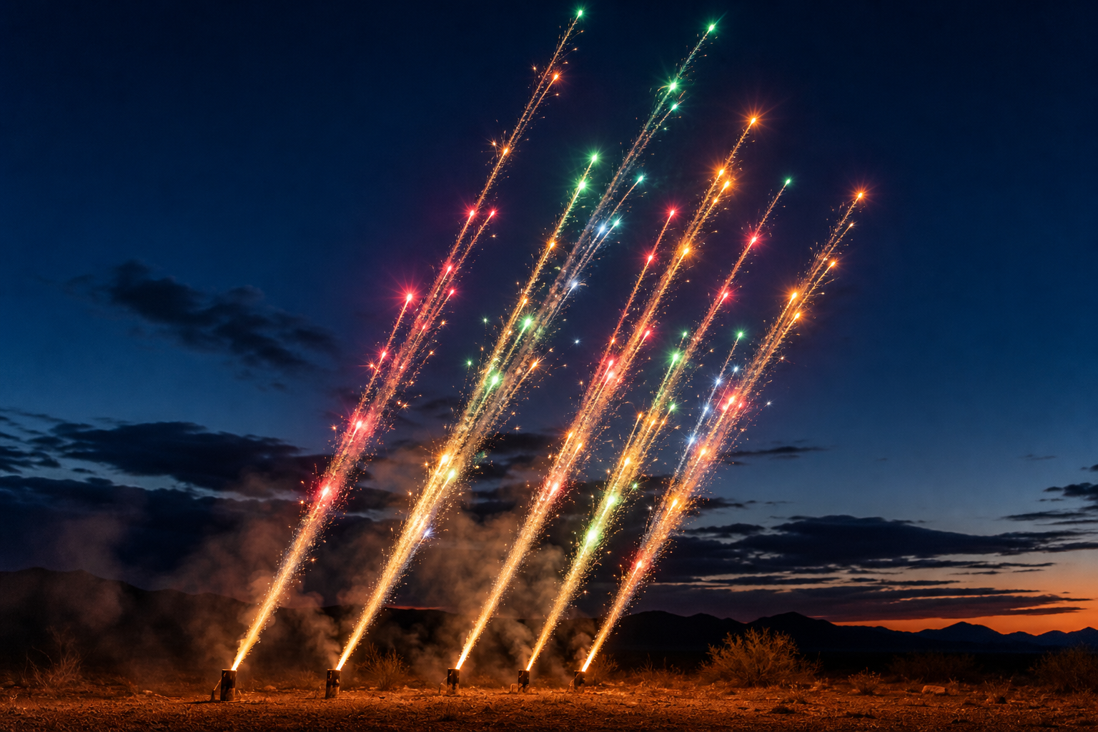 Roman candle comet shots arcing upward with colorful light trails