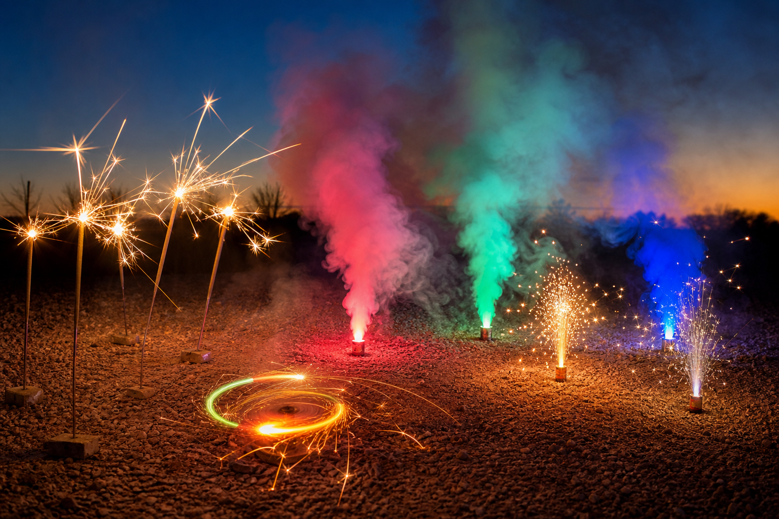 Ground novelty fireworks with sparklers, colorful smoke, and low light trails
