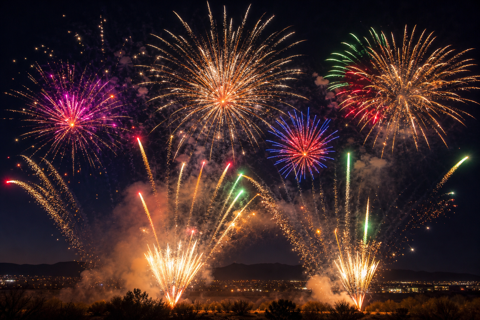 New Year bundle fireworks with gold bursts, comets, and bright sky effects