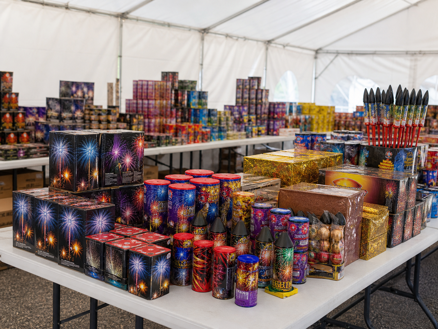Assorted fireworks boxes arranged on a seasonal tent product table