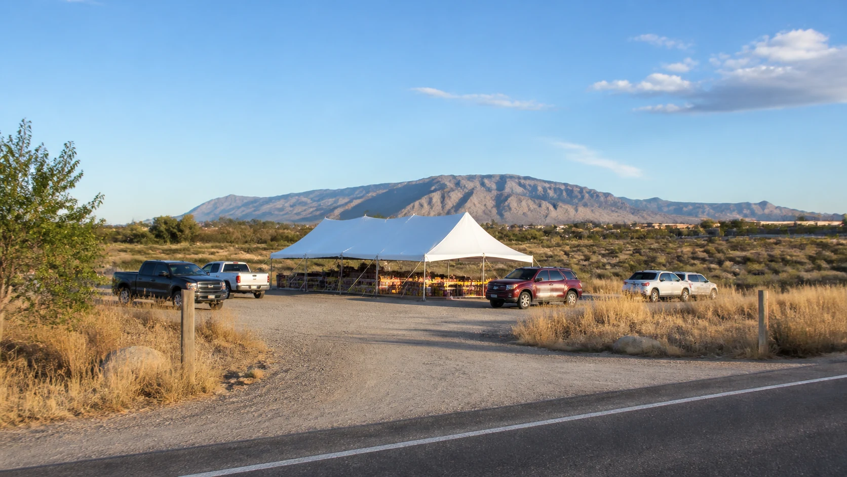Road approach to a seasonal fireworks tent near Albuquerque before a holiday visit