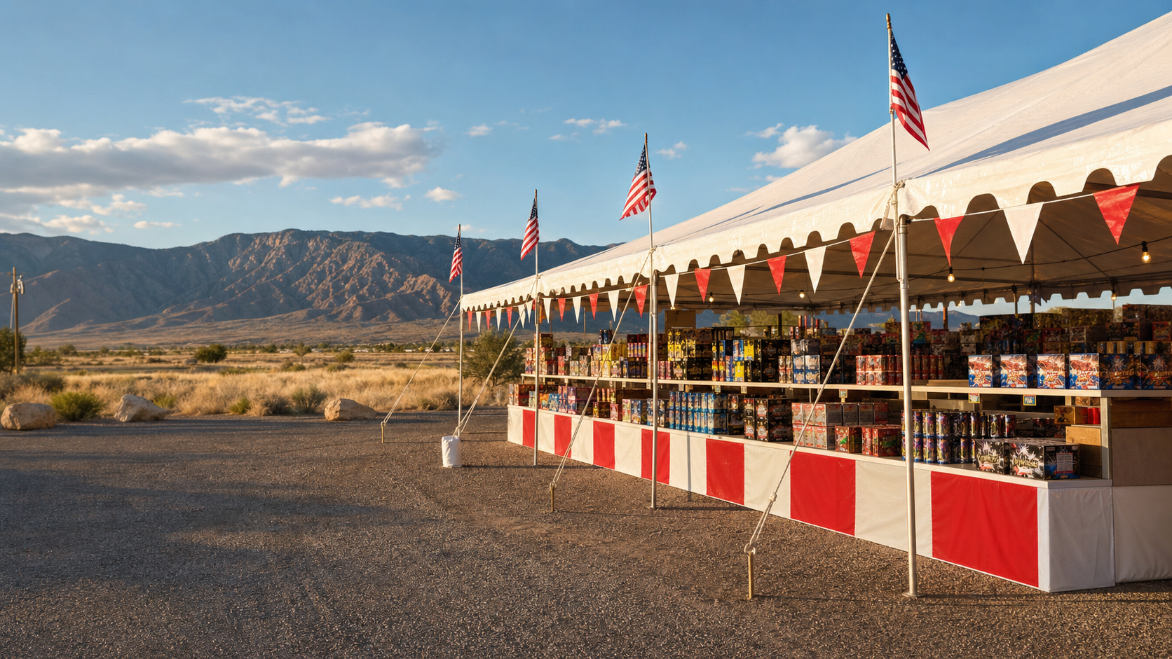 Road approach to a seasonal fireworks tent near Albuquerque at sunset